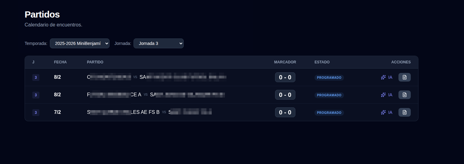 Interfaz de gestión de partidos y actas digitales de fútbol sala en FútbolHub